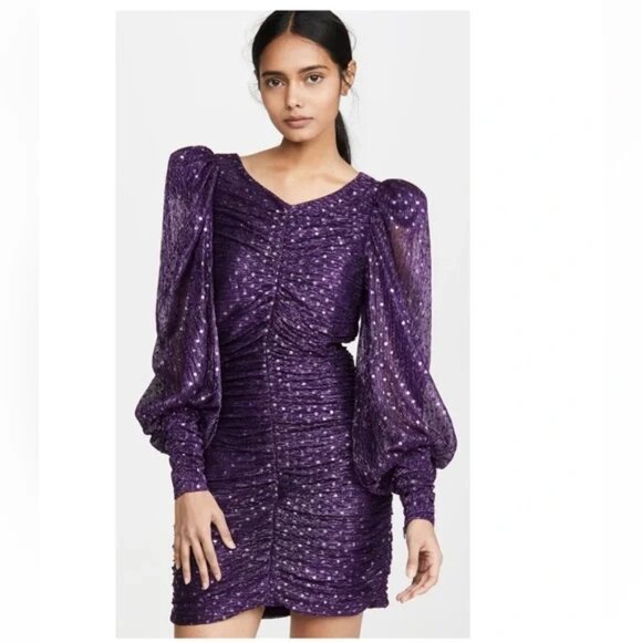 For Love & Lemons La Villette Mini Dress Purple sequins Balloon Sleeves 80s!  M - Picture 6 of 15